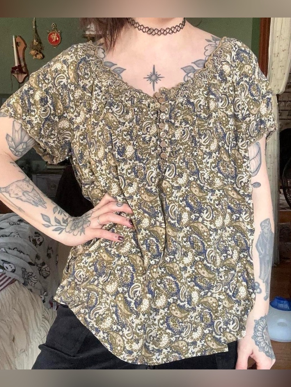 Faded Glory Olive and Blue Paisley Button-Front Blouse